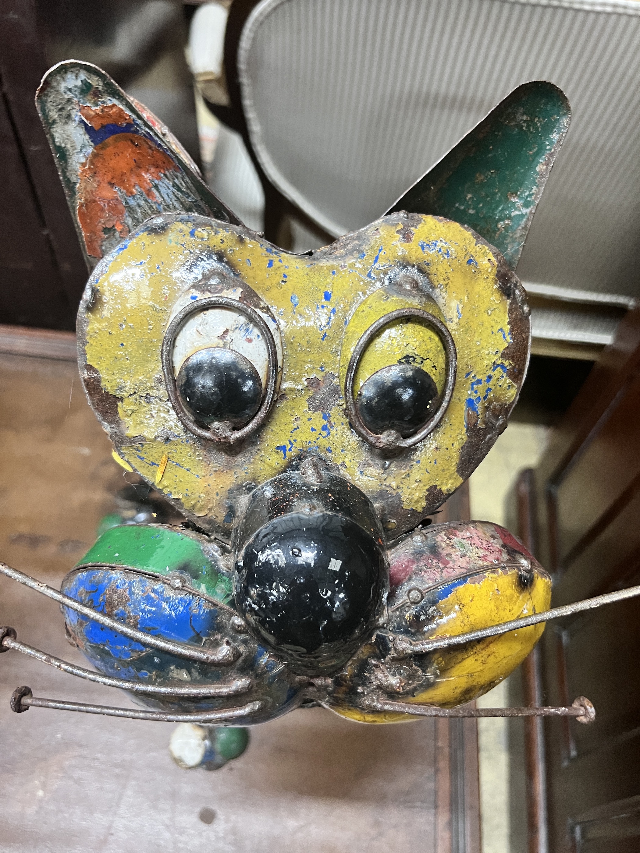 A tin cat and dog garden ornament by EE-I-EE-I-O-, Tabitha the cat and Ralph the dog, larger height 77cm